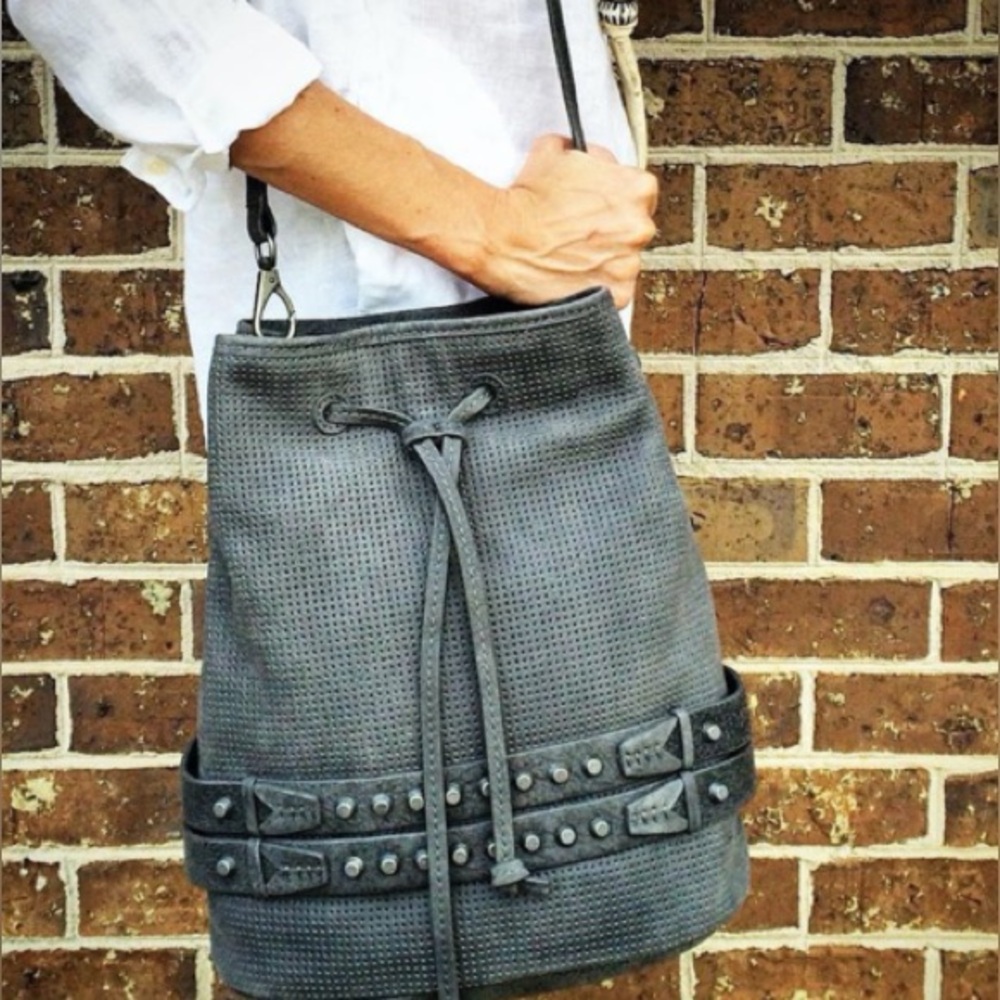 She + Lo “Rise Above” Perforated Leather Bucket Bag – Slate Gray